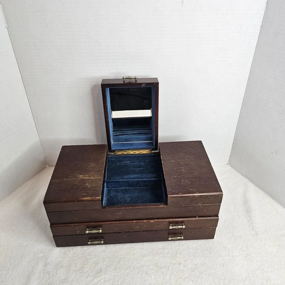 VTG Mid Century Modern Wood Jewelry Box 2 Drawer Blue Velvet Lined MCM Mirror